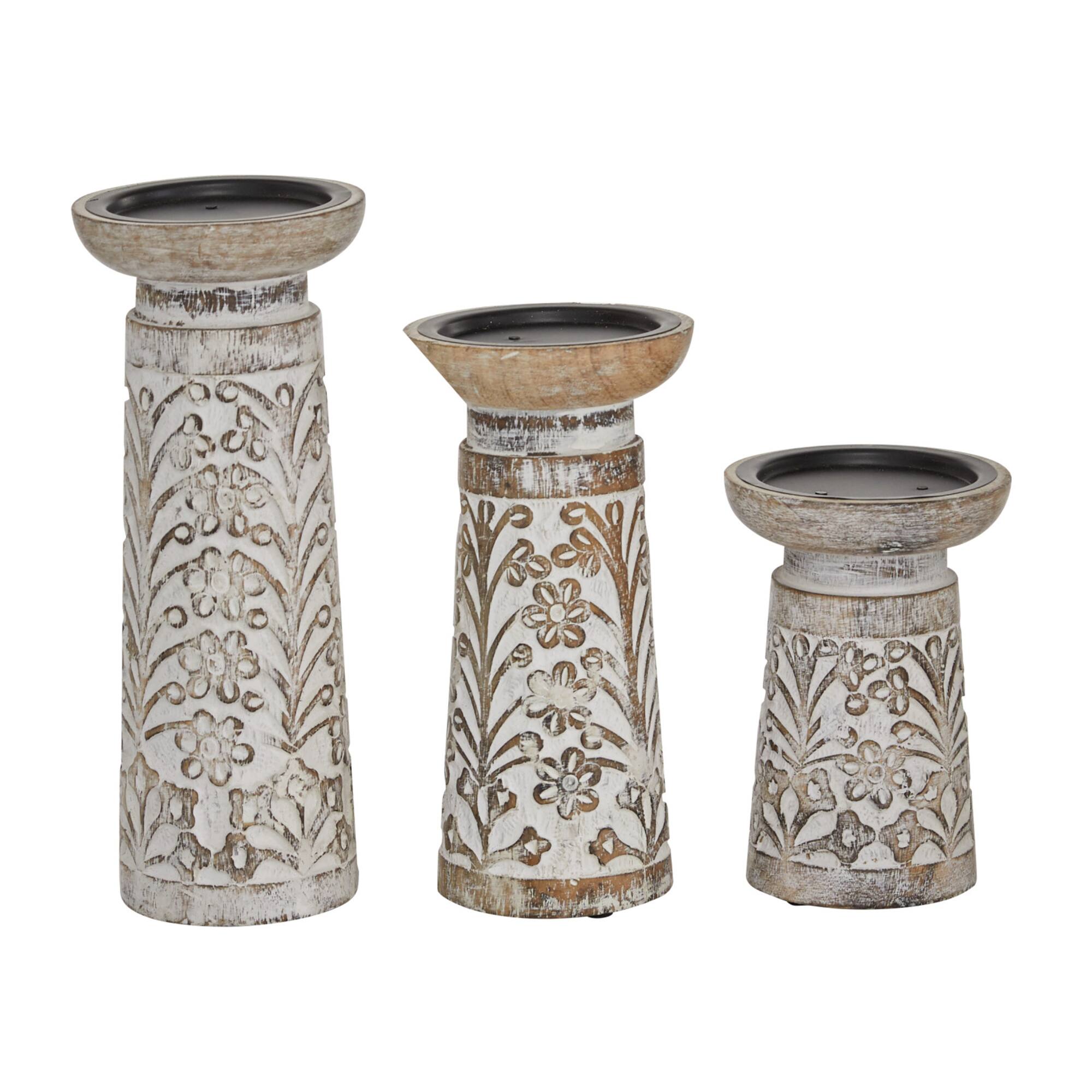 Brown Mango Wood Natural Candle Holder Set